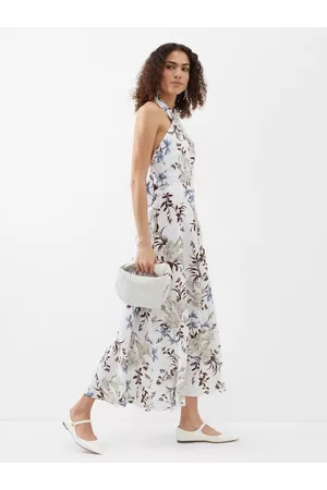 Erdem Vacation Selene Halterneck Floral Linen Dress - Womens - White Multi
