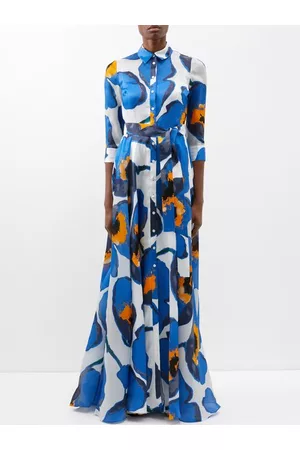 Carolina Herrera Women Printed & Patterned Dresses - Poppy-print Silk-chiffon Gown - Womens - Blue Multi