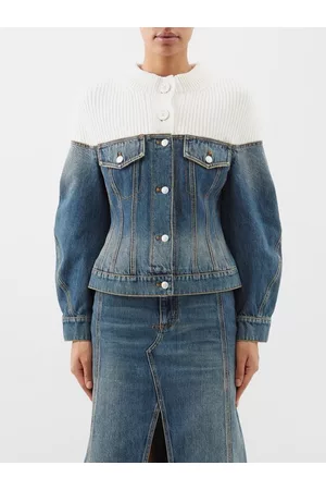 Alexander McQueen Knit-panel Distressed-denim Jacket - Womens - Blue White
