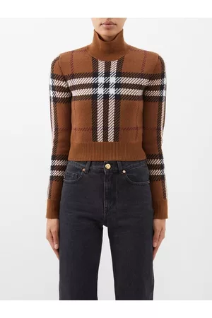 Burberry Women Turtleneck Sweaters - Check High-neck Wool Sweater - Womens - Brown Multi