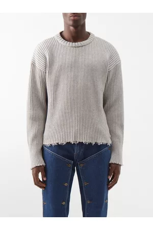 Maison Margiela Men Tops - Frayed-edge Ribbed Cotton-blend Sweater - Mens - Grey