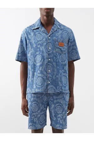 VERSACE Floral-jacquard Denim Short-sleeved Shirt - Mens - Blue