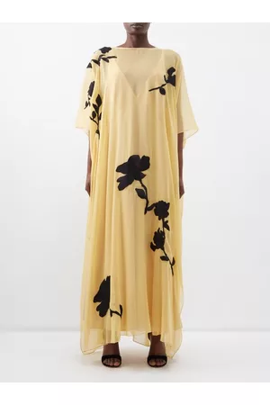 Fil De Vie Women Printed & Patterned Dresses - Stevie Floral-appliqué Chiffon Kaftan Dress - Womens - Yellow Gold