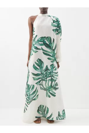 RAQUEL DINIZ Eden Leaf-print Linen-blend Kaftan Dress - Womens - Green White
