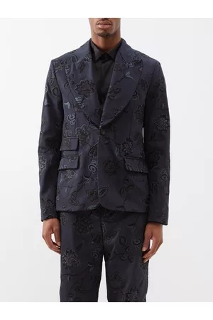 Erdem Edward Floral-embroidered Cotton-drill Suit Jacket - Mens - Navy