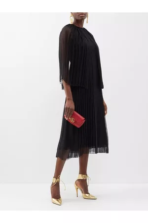 Gucci Women Midi Dresses - Pleated Cape-shoulder Silk-chiffon Midi Dress - Womens - Black