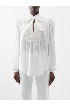 Etro Women Lace-up Tops - Striped Lace-bib Cotton-blend Blouse - Womens - White