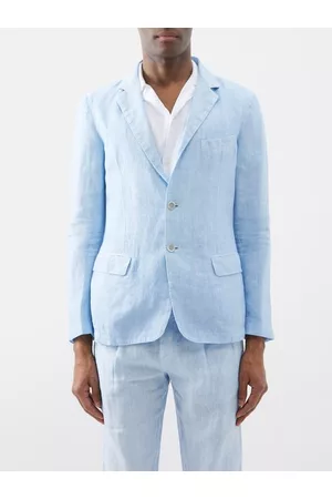 120% Lino Men Blazers - Single-breasted Linen-hopsack Suit Jacket - Mens - Light Blue