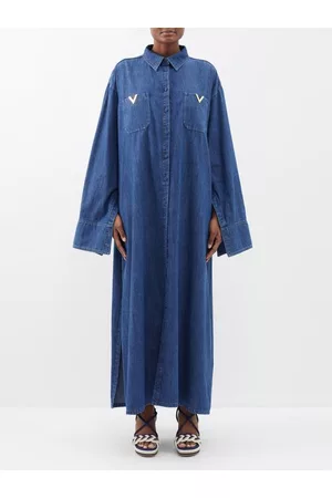 VALENTINO V-logo Chambray-denim Kaftan Dress - Womens - Dark Blue