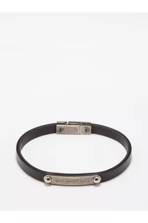 Saint Laurent Men Bracelets - Logo-plaque Leather Bracelet - Mens - Black