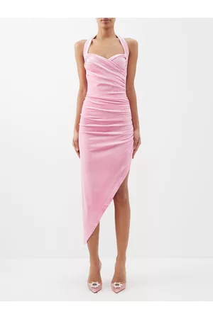 Norma Kamali Cayla Halterneck Ruched-velvet Dress - Womens - Pink
