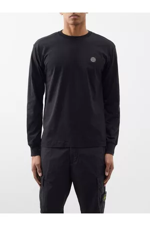 Stone Island Men Long Sleeved T-Shirts - Logo-embroidered Jersey Long-sleeved T-shirt - Mens - Black