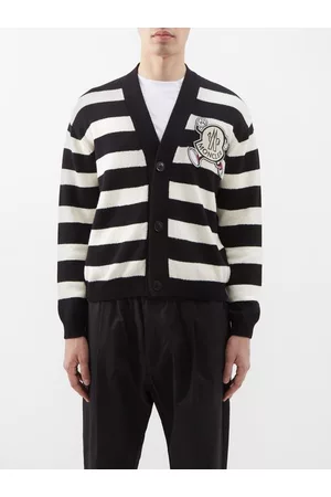 Moncler Men Sweatshirts - Logo-patch Striped Cotton-blend Cardigan - Mens - Black Stripe