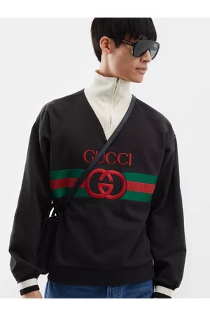 Gucci Men Sports Hoodies - Logo-embroidered Cotton-jersey Sweatshirt - Mens - Black Multi