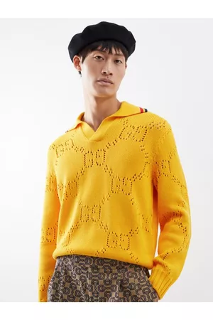 Gucci Men Polo T-Shirts - Jumbo Gg Cotton Polo Sweater - Mens - Yellow
