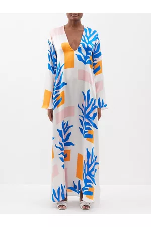 RAQUEL DINIZ Lena Abstract-print Silk Kaftan Dress - Womens - Blue Orange