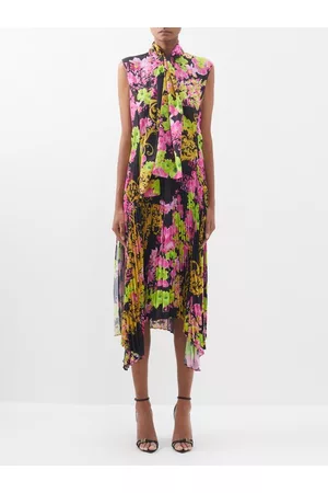 VERSACE Women Printed & Patterned Dresses - Baroque-print Crepe De Chine Midi Dress - Womens - Black Pink