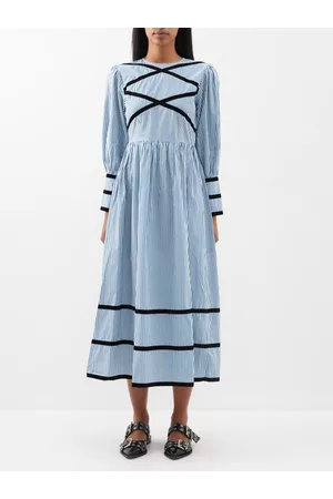 BATSHEVA Women Midi Dresses - Clemmie Striped Cotton-poplin Midi Dress - Womens - Blue White