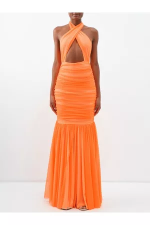 Norma Kamali Women Halter Neck Dresses - Ruched Tulle Halterneck Fishtail Gown - Womens - Orange