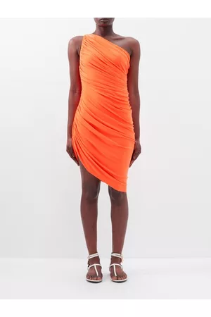 Norma Kamali Women Asymmetrical Dresses - Diana Asymmetric Ruched Mesh Dress - Womens - Orange