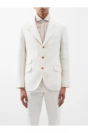 Brunello Cucinelli Men Blazers - Notch-lapel Paper-blend Herringbone Blazer - Mens - White