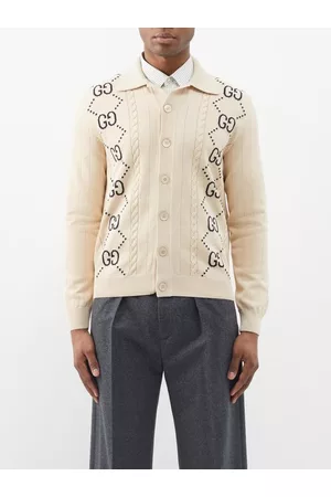 Gucci Men Sweatshirts - GG-intarsia Cotton Cardigan - Mens - Ivory Black