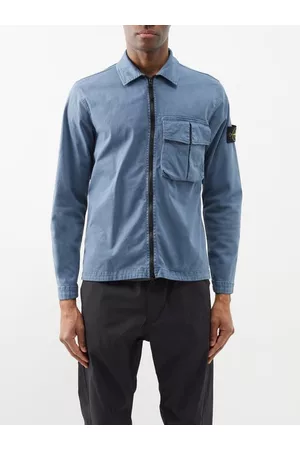 Stone Island Men Casual Shirts - Organic Cotton-blend Zipped Overshirt - Mens - Dark Blue