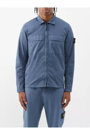 Stone Island Men Casual Shirts - Zipped Logo-patch Cotton-blend Overshirt - Mens - Dark Blue