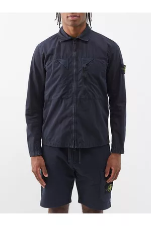 Stone Island Men Casual Shirts - Logo-patch Garment-dyed Cotton Overshirt - Mens - Blue Navy