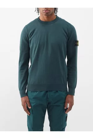 Stone Island Men Sports Hoodies - Logo-patch Knitted Cotton Sweatshirt - Mens - Green