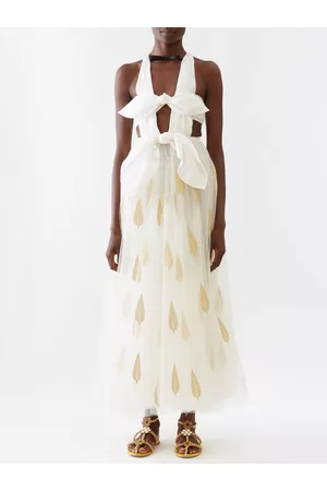 Giambattista Valli Women Evening Dresses & Gowns - Leaf-embroidered Silk Tulle And Crepe Gown - Womens - White Gold