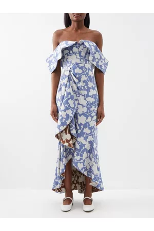 Rosie Assoulin Women Strapless Dresses - Ruffled Off-the-shoulder Jacquard Midi Dress - Womens - Blue
