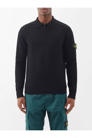Stone Island Men Polo T-Shirts - Logo-patch Half-zip Cotton Polo Sweater - Mens - Black