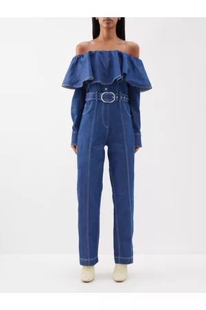 Thebe Magugu Women Off the shoulder Jumpsuits - Ruffled Off-the-shoulder Belted Denim Jumpsuit - Womens - Denim
