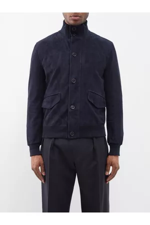 GABRIELA HEARST Men Leather Jackets - Leroy Ribbed-trim Suede Jacket - Mens - Dark Blue