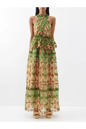 ULLA JOHNSON Women Printed Dresses - Cressida Geometric-print Silk-chiffon Gown - Womens - Green Orange