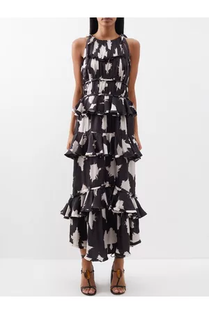 ULLA JOHNSON Women Printed Dresses - Serafina Abstract-print Ruffled Silk Gown - Womens - Black Multi