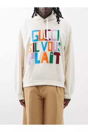 Gucci Men Hoodies - S'il Vous Plaît-embroidered Cotton-jersey Hoodie - Mens - White Multi