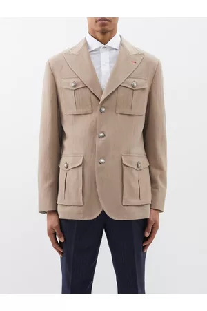 Brunello Cucinelli Men Blazers - Peak-lapel Linen Field Jacket - Mens - Beige