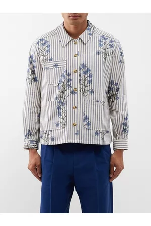 S.S. Daley Men Floral Jackets - Kent Floral-print Striped Cotton Jacket - Mens - Blue White