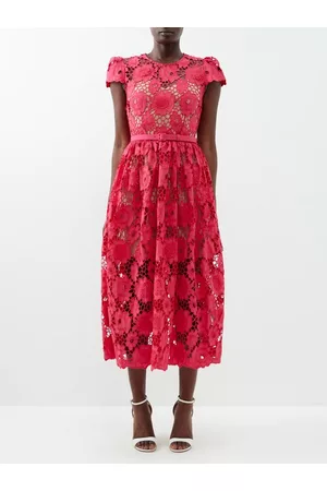 Self-Portrait Women Printed & Patterned Dresses - Portrait - Poppy Floral-embroidered Cotton-lace Dress - Womens - Red