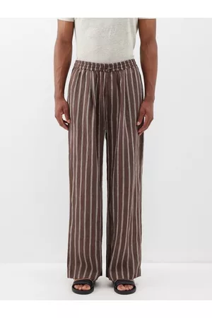 Itoh Men Suit Pants - Drawstring Striped Linen Suit Trousers - Mens - Brown Stripe