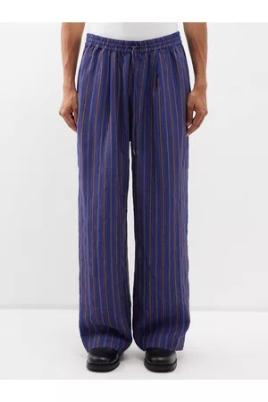 Itoh Men Formal Pants - Drawstring-waist Striped Linen Trousers - Mens - Blue Stripe