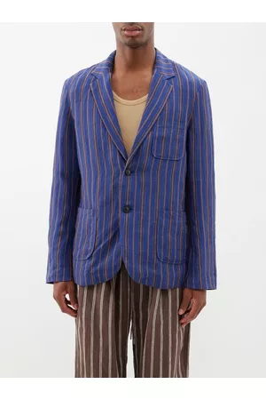 Itoh Men Blazers - Single-breasted Striped Linen Suit Jacket - Mens - Blue Multi