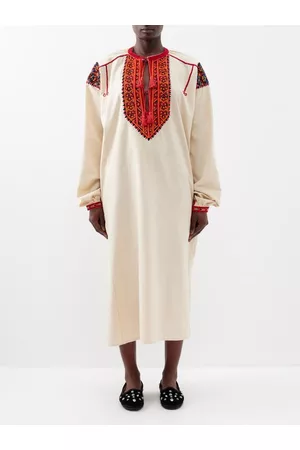 FORTELA Women Tunic Dresses - Afra Beaded Cotton Kaftan Dress - Womens - White Red
