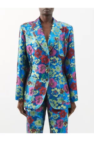Christopher John Rogers Women Floral Jackets - Single-breasted Floral-jacquard Lurex Suit Jacket - Womens - Blue Print