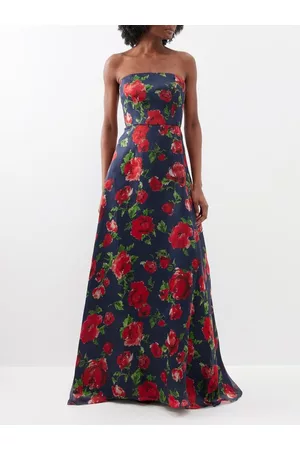 Carolina Herrera Women Printed & Patterned Dresses - Strapless Rose-print Silk Gown - Womens - Navy Multi