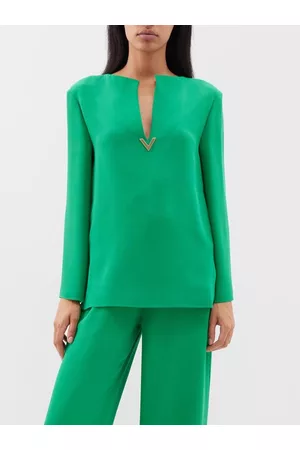 VALENTINO GARAVANI Women Sweats - V-gold Notch-neck Silk Tunic - Womens - Green