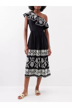 SEA Women Asymmetrical Dresses - Beck Asymmetric Embroidered Cotton-blend Dress - Womens - Black Multi