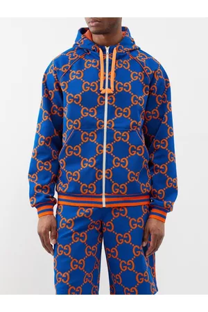 Gucci Men Hoodies - GG-jacquard Jersey Zipped Hoodie - Mens - Blue Orange